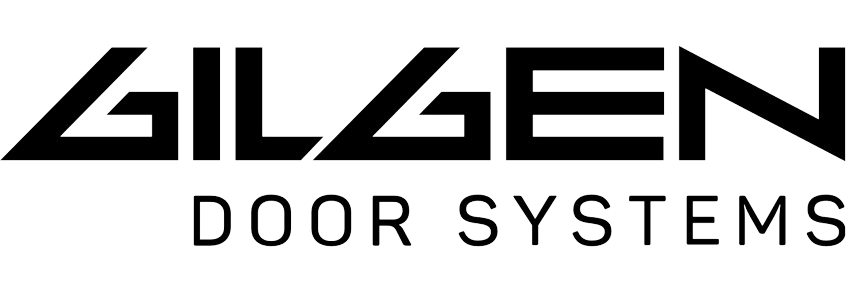 The logo for gilgen door systems is black and white.