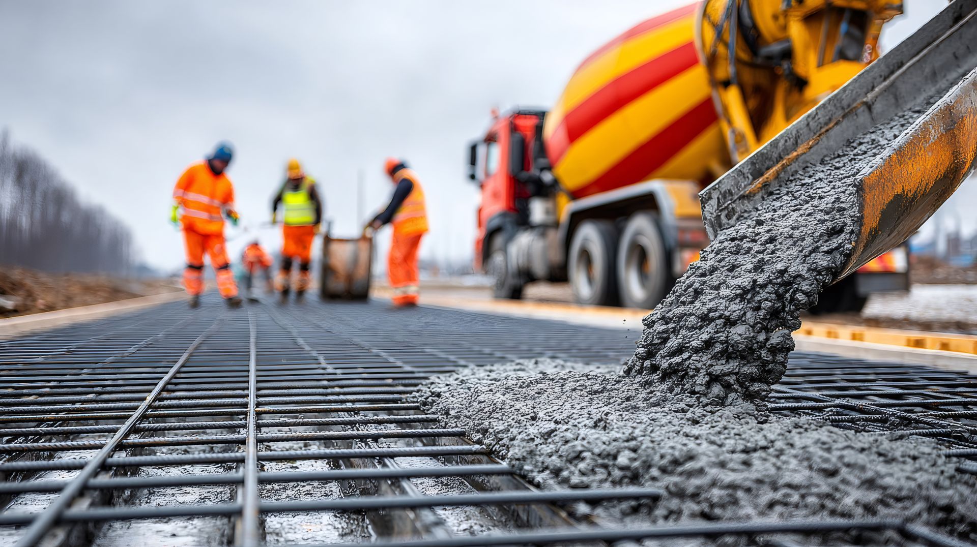 Construction workers pouring concrete over rebar on commercial construction site. Construction workers pouring concrete over rebar on commercial construction site.
