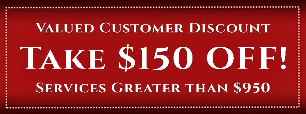 Red banner: New customer discount, take $150 off services greater than $950.