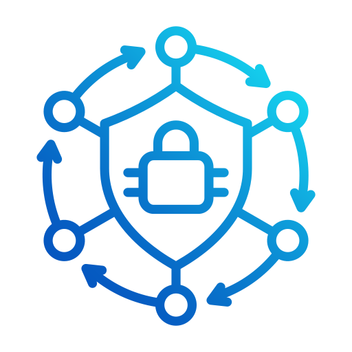 Blue shield with padlock symbol surrounded by connected circles and arrows, representing cybersecurity.