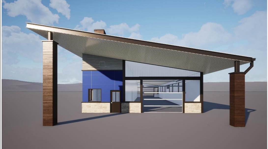 Building a carwash. Rendering of building. Express car wash installation in San Antonio Texas for Kwik-n-Clean Car Wash with road runner logo