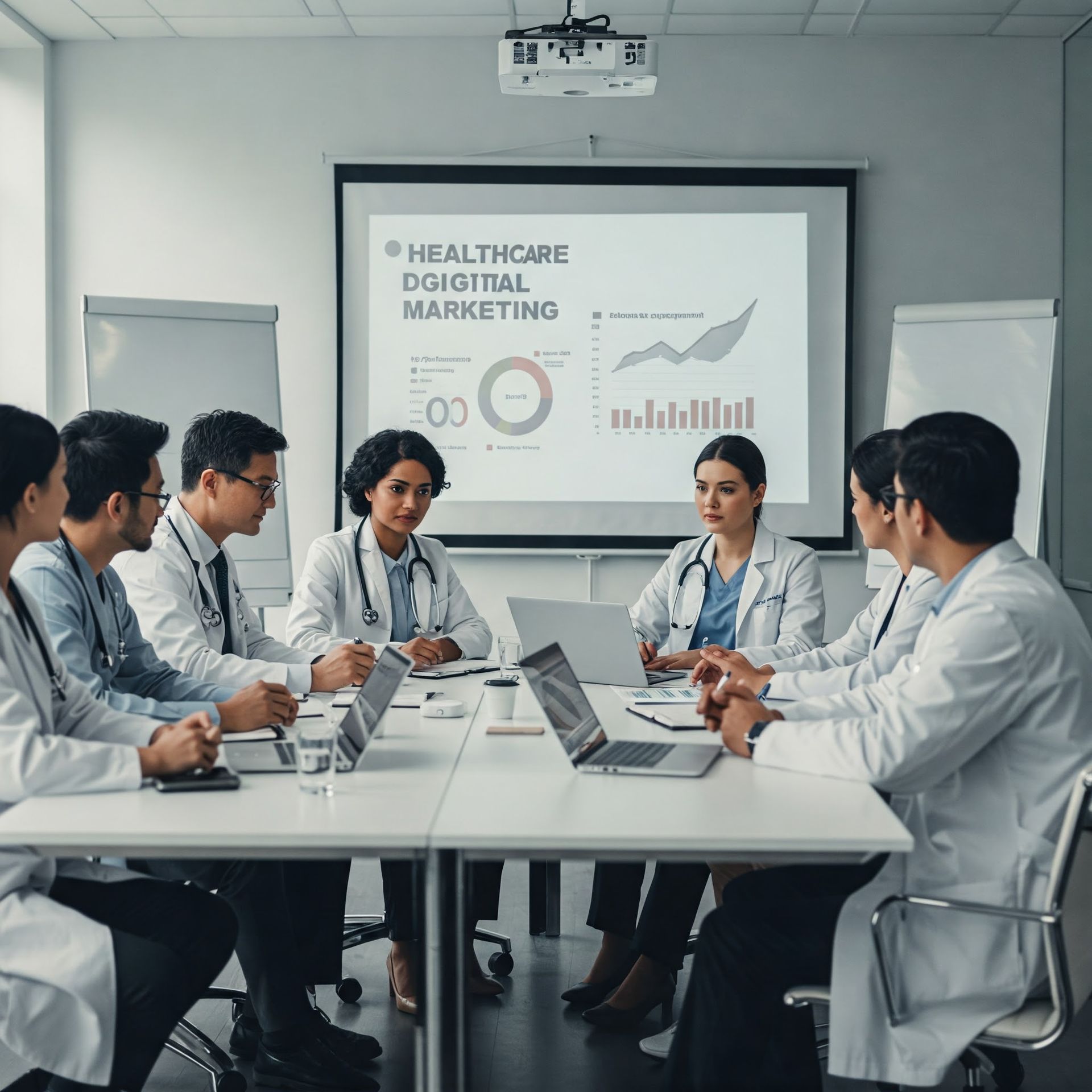 A group of doctors are sitting around a table having a meeting.