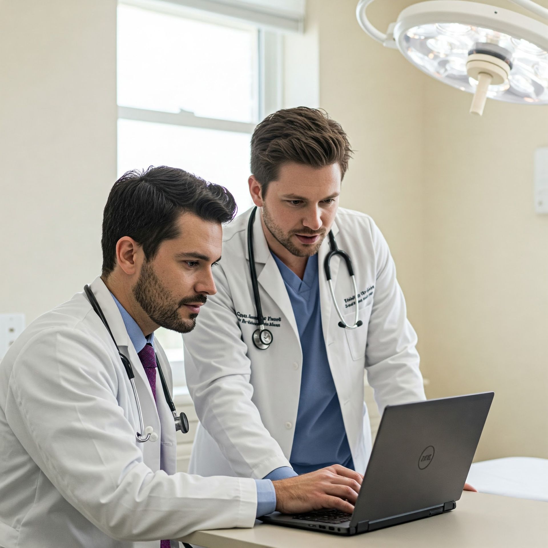 Two doctors are looking at a laptop computer.