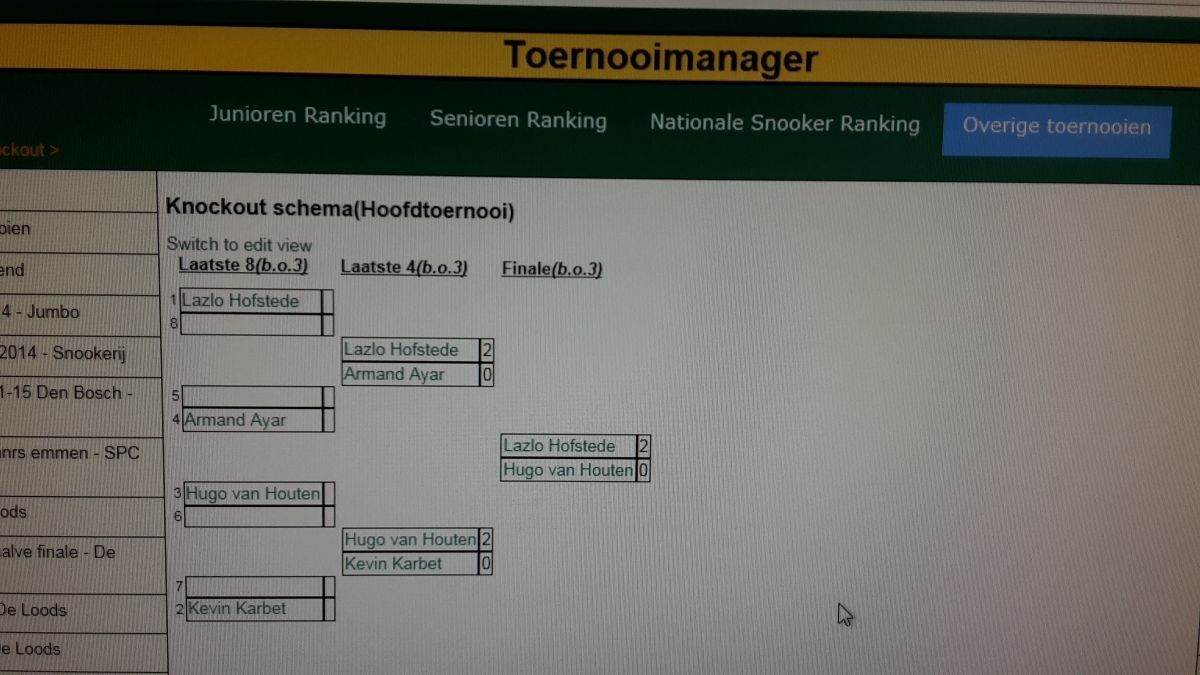 Schermafbeelding van een website met een toernooischema met verschillende namen en vakken, in een groen-wit kleurenschema.