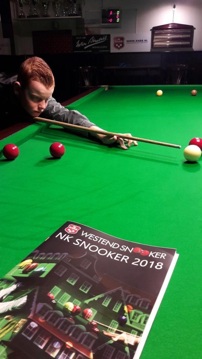 Jongen richt met een snookerkeu op ballen op een groene tafel; het boek 