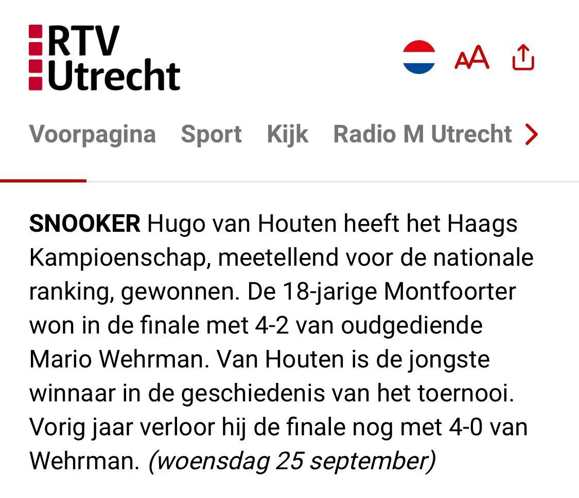 News article about snooker player Hugo van Houten winning the Haags Kampioenschap.