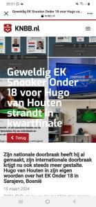 Nieuwsartikel over de snookerprestaties van Hugo van Houten in Sarajevo, Bosnië, met het logo van KNBb.nl.