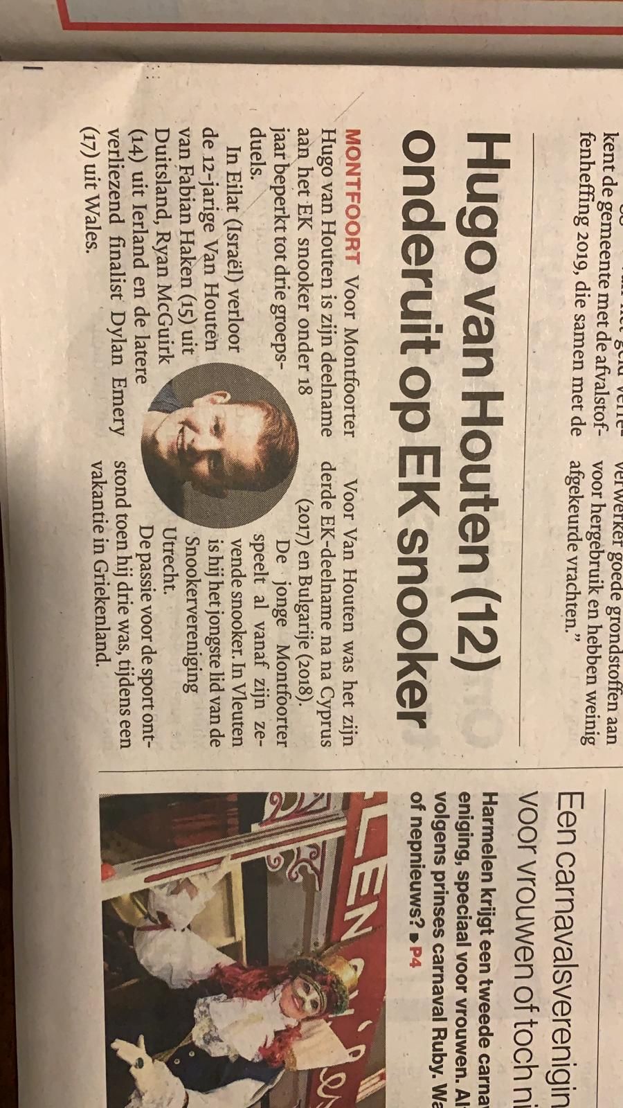 Artikel over het verlies van de 12-jarige Hugo van Houten in snooker op het Europees Kampioenschap.