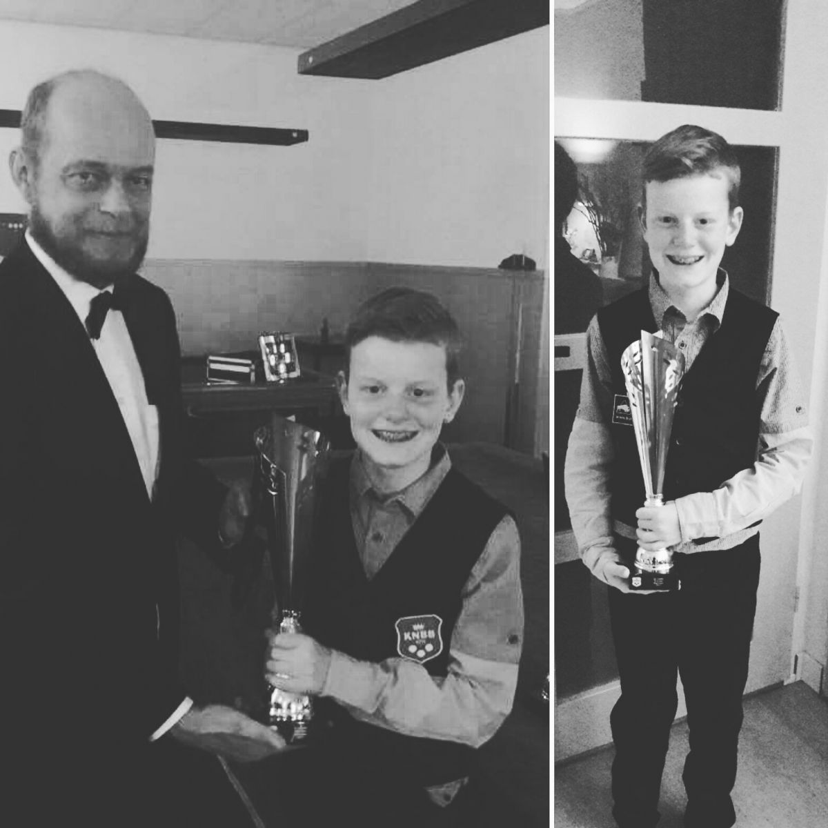 Zwart-witfoto's van een jongen die een trofee vasthoudt, samen met een volwassene in smoking tijdens een ceremonie.