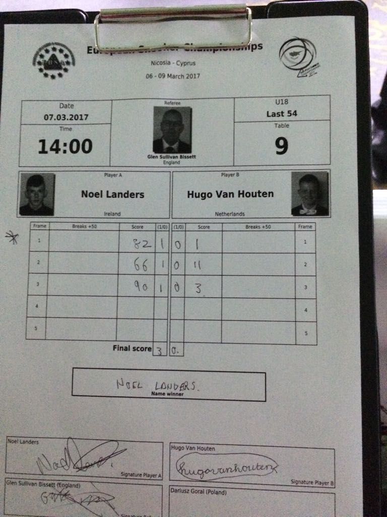 Scorebord: Europese Judokampioenschappen, met scores voor Noel Landers en Hugo Van Houten; Landers wint.