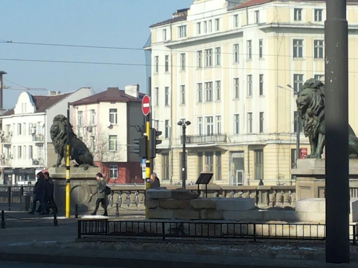 Twee leeuwenbeelden op een brug in Sofia, Bulgarije, met gebouwen en voetgangers.
