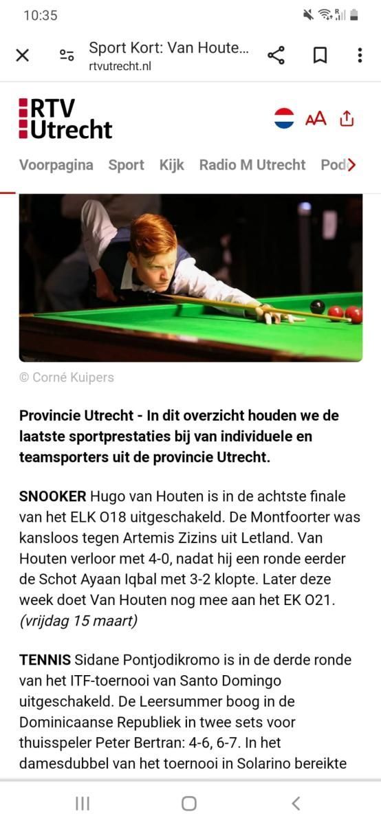 Man speelt snooker, artikel op de website van RTV Utrecht.