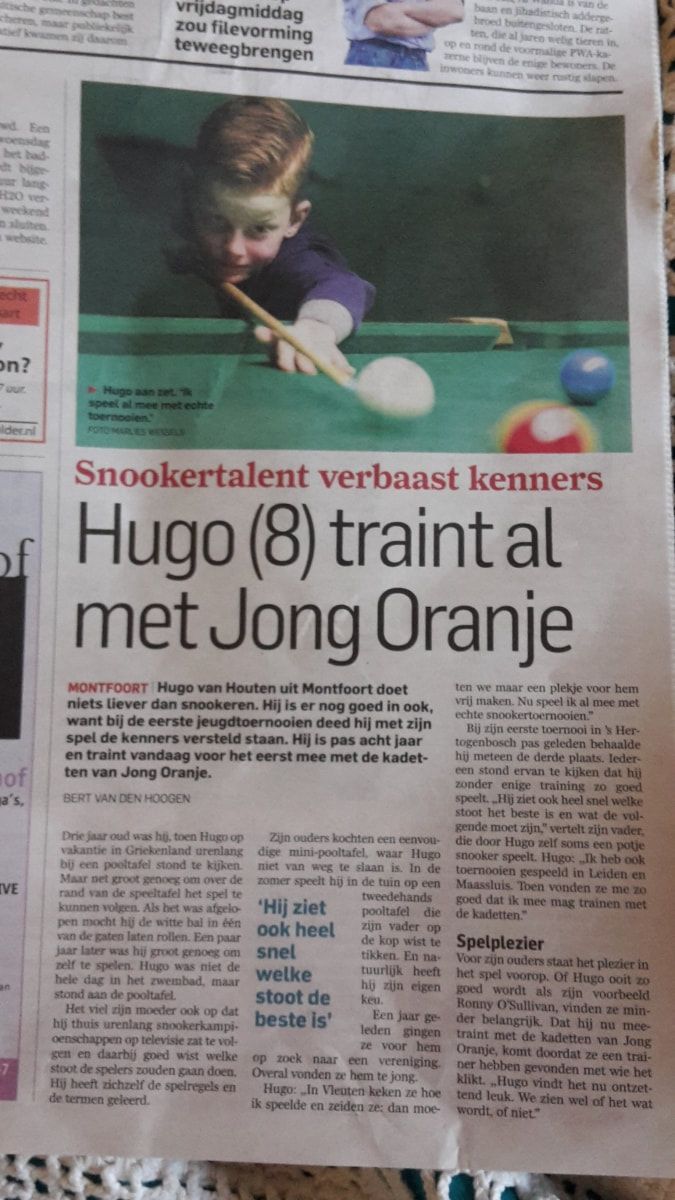 Hugo (8) speelt snooker; kop artikel
