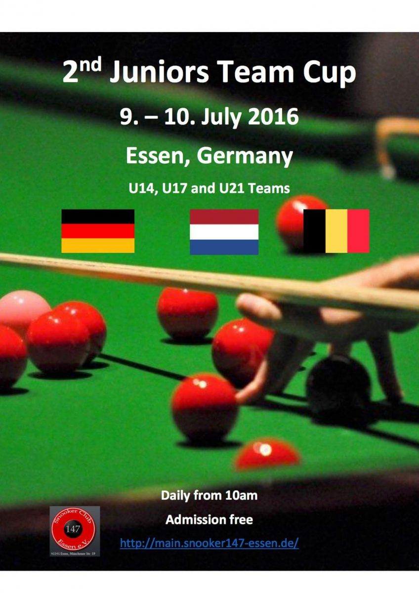 Poster voor de 2e Junioren Team Cup in Essen, Duitsland, juli 2016. Vlaggen van Duitsland, Nederland en België, poolballen, keu.