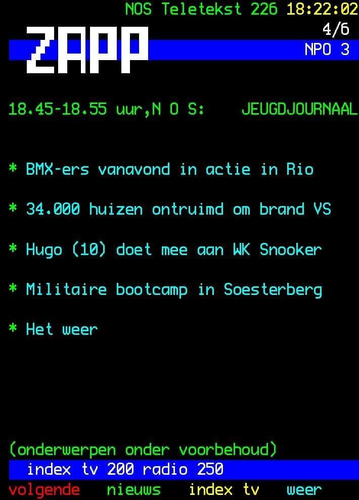 Teletekstnieuwsscherm met Zapp, JEUGDJOURNAAL en koppen: BMX in Rio, huizen ontruimd, Snooker, bootcamp.