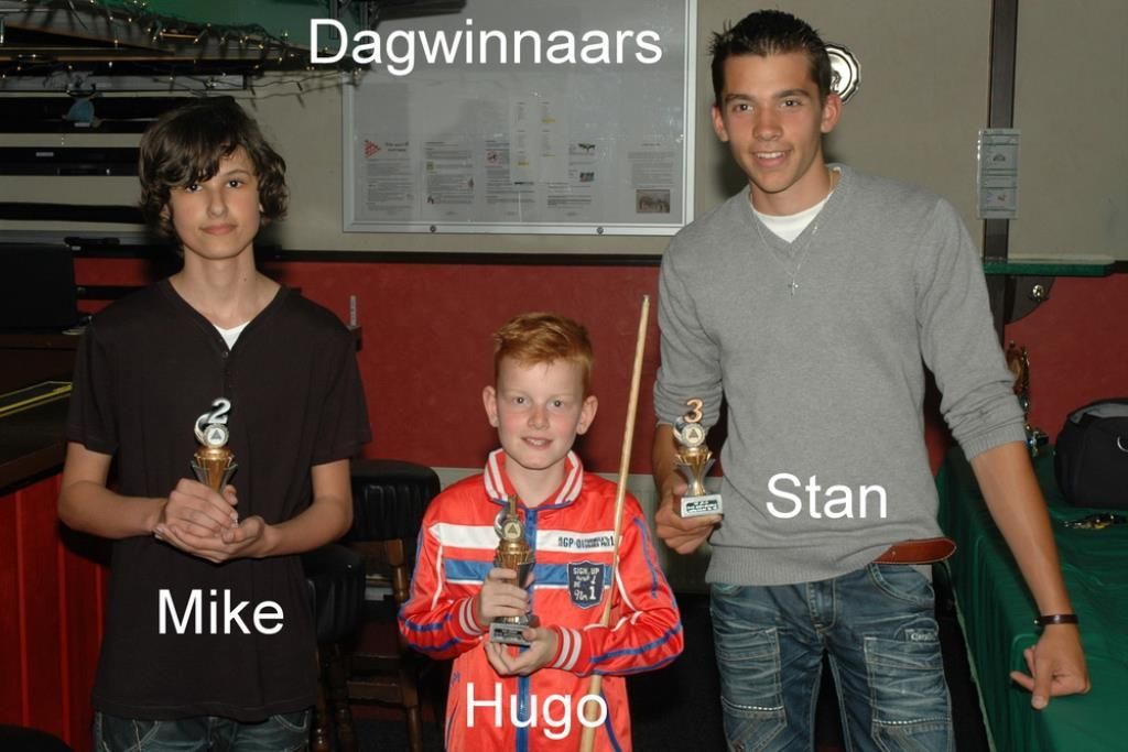 Drie jonge mannen, Mike, Hugo en Stan, met trofeeën in de hand. Ze zijn winnaars, in een biljartzaal.