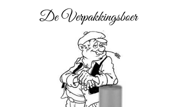 Cartoon van een ontspannen man, met de titel "De Verpakkingsboer" erboven. Hij leunt tegen een paal, rokend, met een vriendelijke uitdrukking.