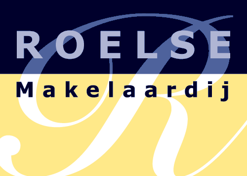Logo voor Roelse Makelaardij, een makelaarskantoor, in marineblauw, lichtblauw en geel.