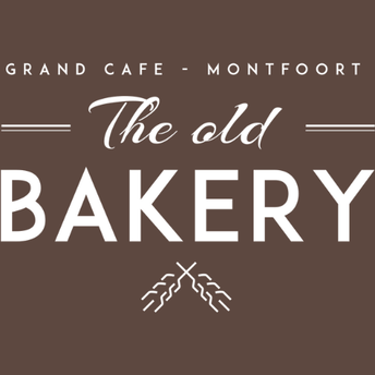 Logo voor "The Old Bakery", een café in Montfoort, met tekst en een afbeelding van tarwe op een bruine achtergrond.