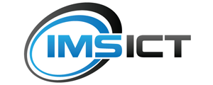 Logo voor IMS ICT, een bedrijf, met tekst in een blauw-zwart ovaal.