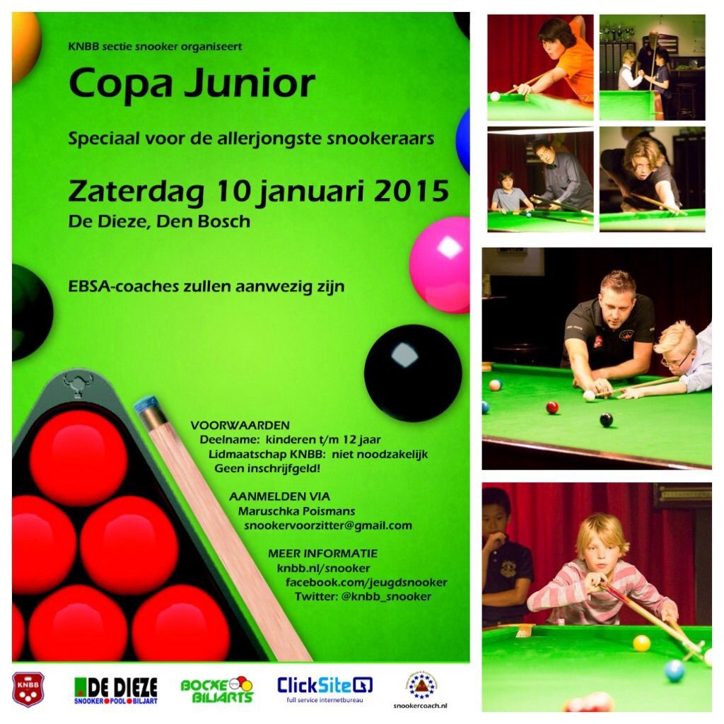 Poster van een snookertoernooi voor jeugdspelers in Den Bosch, met details over het evenement, foto's van spelers en logo's.