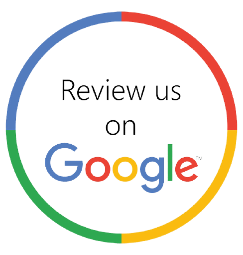 A colorful circle with the words `` review us on google '' written inside of it.