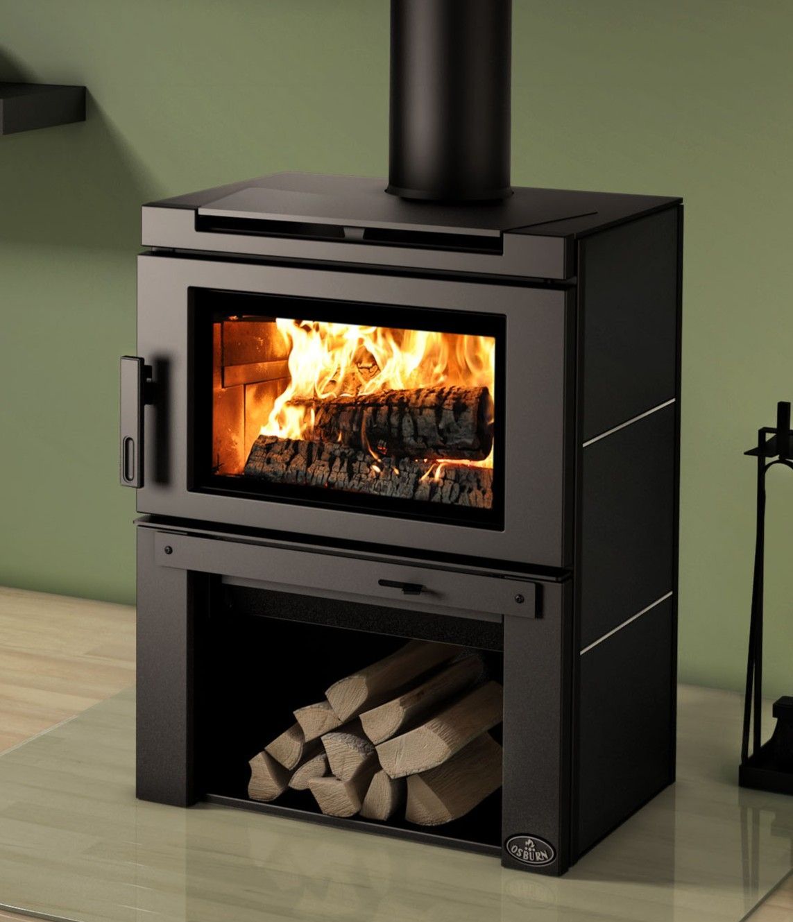 A black wood stove with a stack of logs underneath it