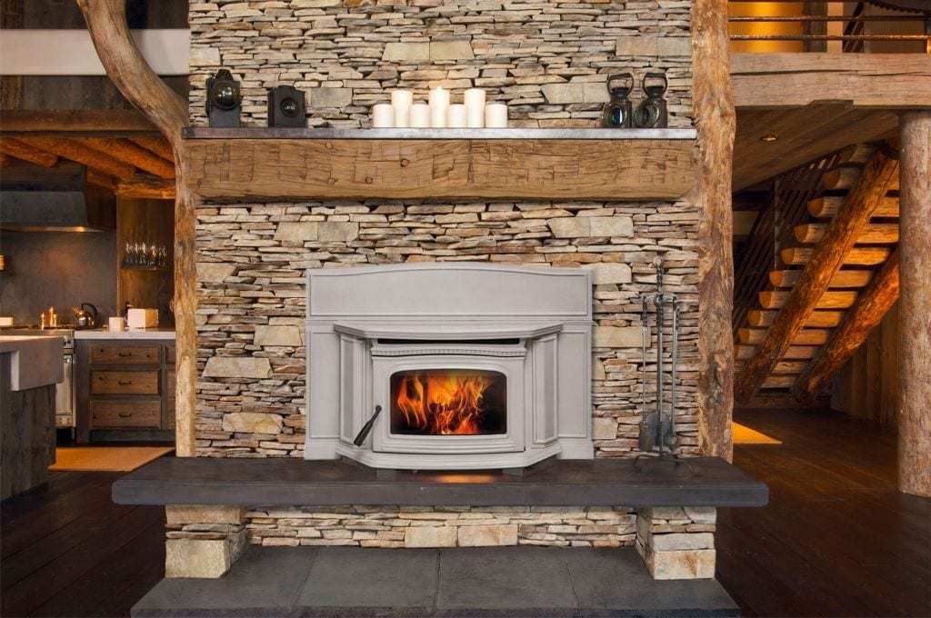 There is a fireplace in the middle of the room.