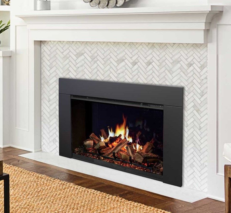 A living room with a fireplace and a rug.