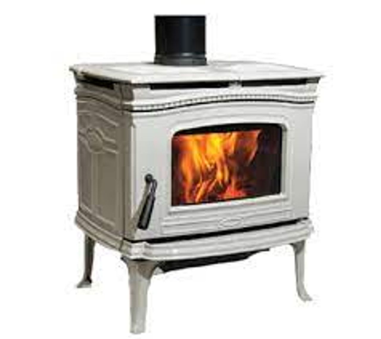 A white wood stove with a fire in it on a white background.