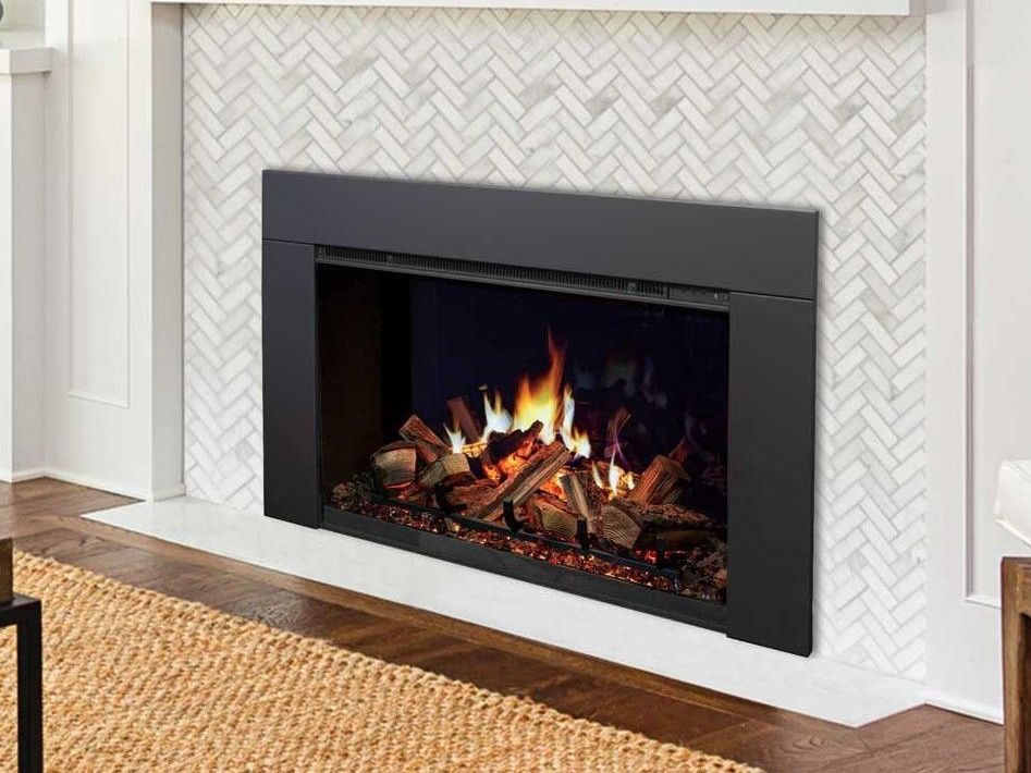 A living room with a fireplace and a rug.