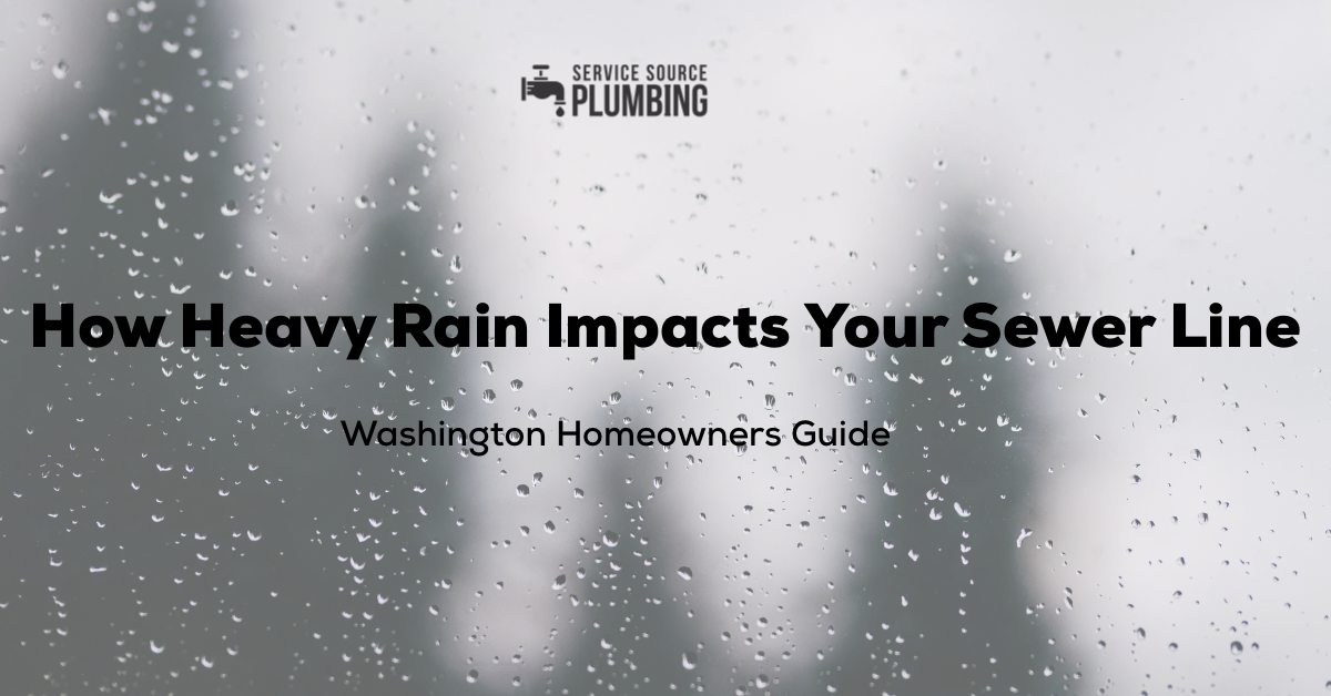 Title card: How heavy rain impacts your sewer line, Washington Homeowners Guide; water droplets on glass.