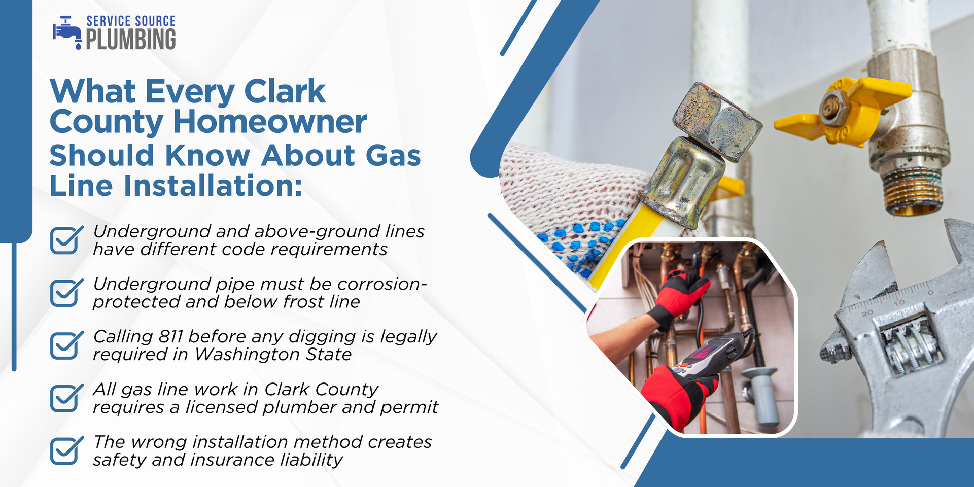 Gas leak safety infographic with checklist, gas meter, and worker inspecting pipes