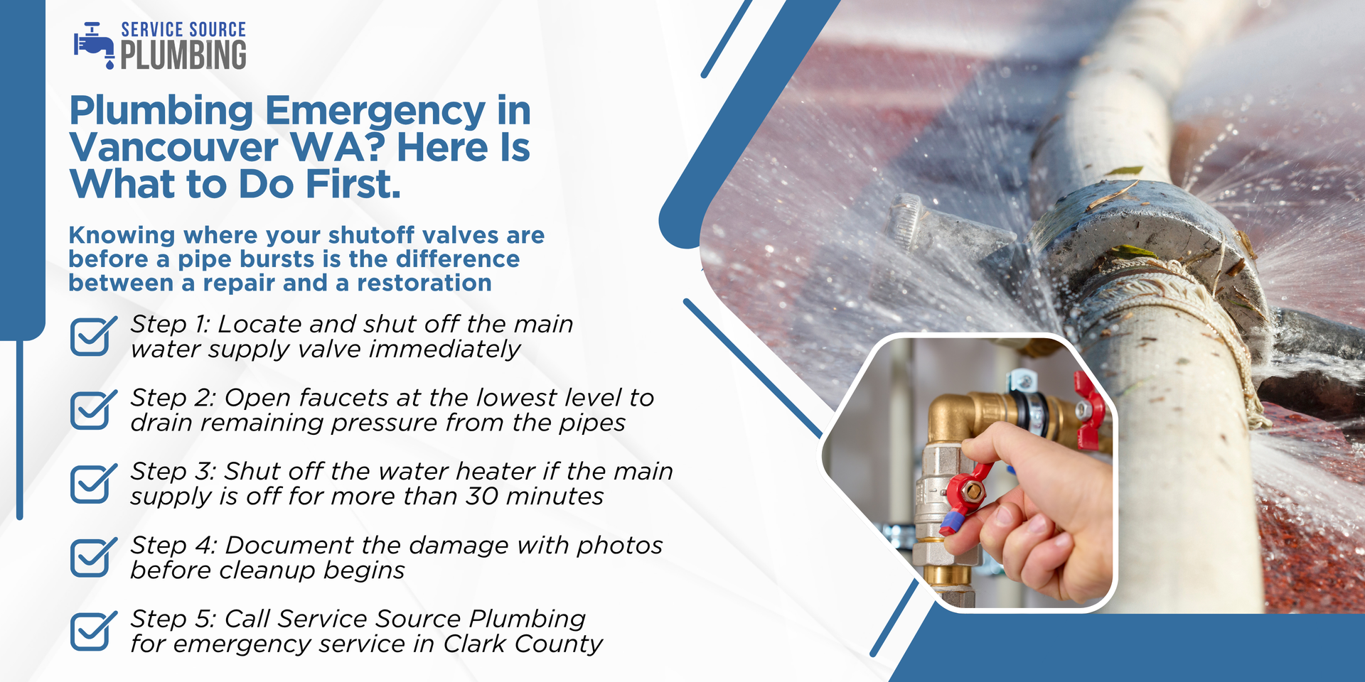 Plumbing emergency flyer with burst pipe photo and checklist for Vancouver, WA homeowners