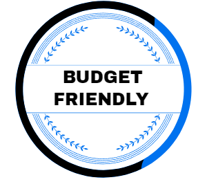 A blue and white circle with the words budget friendly on it