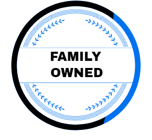 A blue and white circle with the words family owned on it