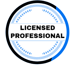 A blue and white circle that says licensed professional