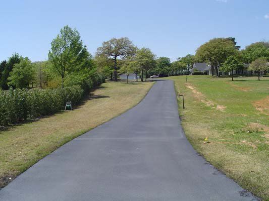 A road going through a grassy area with trees on both sides
