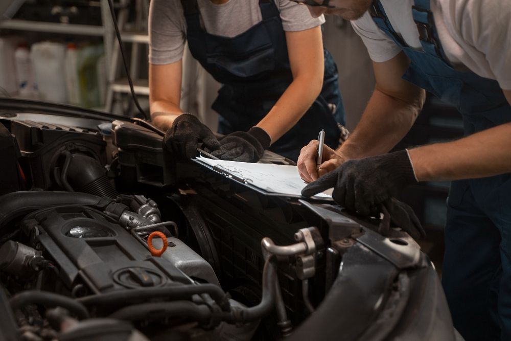 A man and a woman are working on a car in a garage.