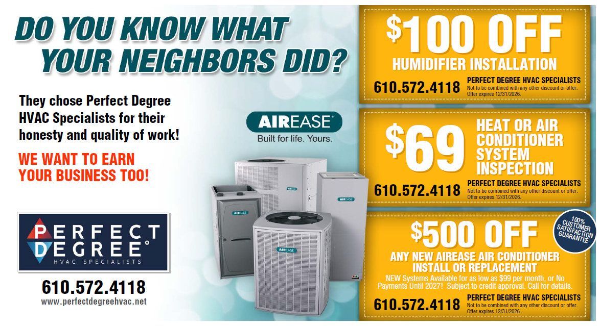 Advertisement for Perfect Degree HVAC services, offering discounts on humidifier installation, air conditioning system inspection, and new equipment.