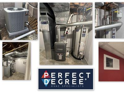 HVAC equipment: central air unit, furnace, water heater, ductwork, and vent.