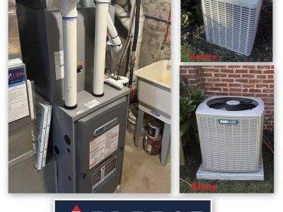 HVAC system with indoor furnace and outdoor air conditioning units.