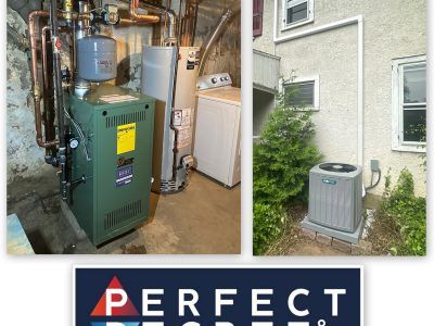 Furnace and water heater in a basement, AC unit outside, with a