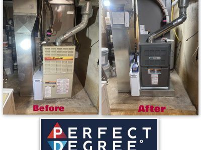 Before/After comparison of furnace units in a basement. The