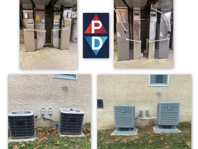 HVAC systems: indoor furnaces and outdoor AC units installed by P&D logo.