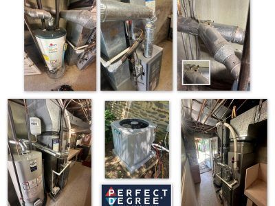 Various views of HVAC equipment: water heater, furnace, ducts, and outdoor air conditioning unit.