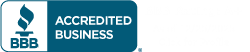 BBB Accredited Business logo, white text on blue background, with a flame-like symbol.