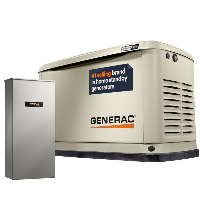 Generac standby generator with a transfer switch, beige and silver.