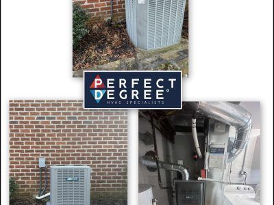 HVAC equipment, exterior and interior views, with Perfect Degree logo.