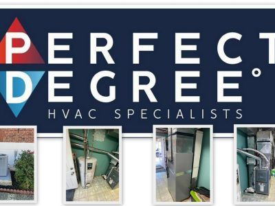 Perfect Degree HVAC Specialists logo with HVAC equipment photos.